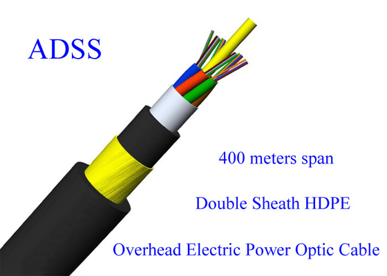 ADSS สายเคเบิลหุ้มเกราะไฟเบอร์ออปติก G652D 48B1.3 11KN ช่วง 400M 13.4 มม. 48 คอร์ PE HDPE