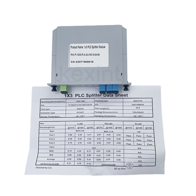 1x3 SC UPC LGX Single Mode Optical PLC Splitter การสูญเสียการแทรกต่ำประเภทการ์ดขนาดเล็ก